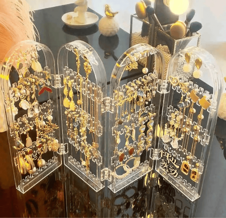 4 Door Acrylic Jewellery Rack, Transparent Foldable Screen Necklace Display Rack, Hanging Jewellery Organizer Double Sided, Earrings Organizer Stand Display 4 Door Acrylic Jewellery Rack, Transparent Foldable Screen Necklace Display Rack, Hanging Jewellery Organizer Double Sided, Earrings Organizer Stand Display